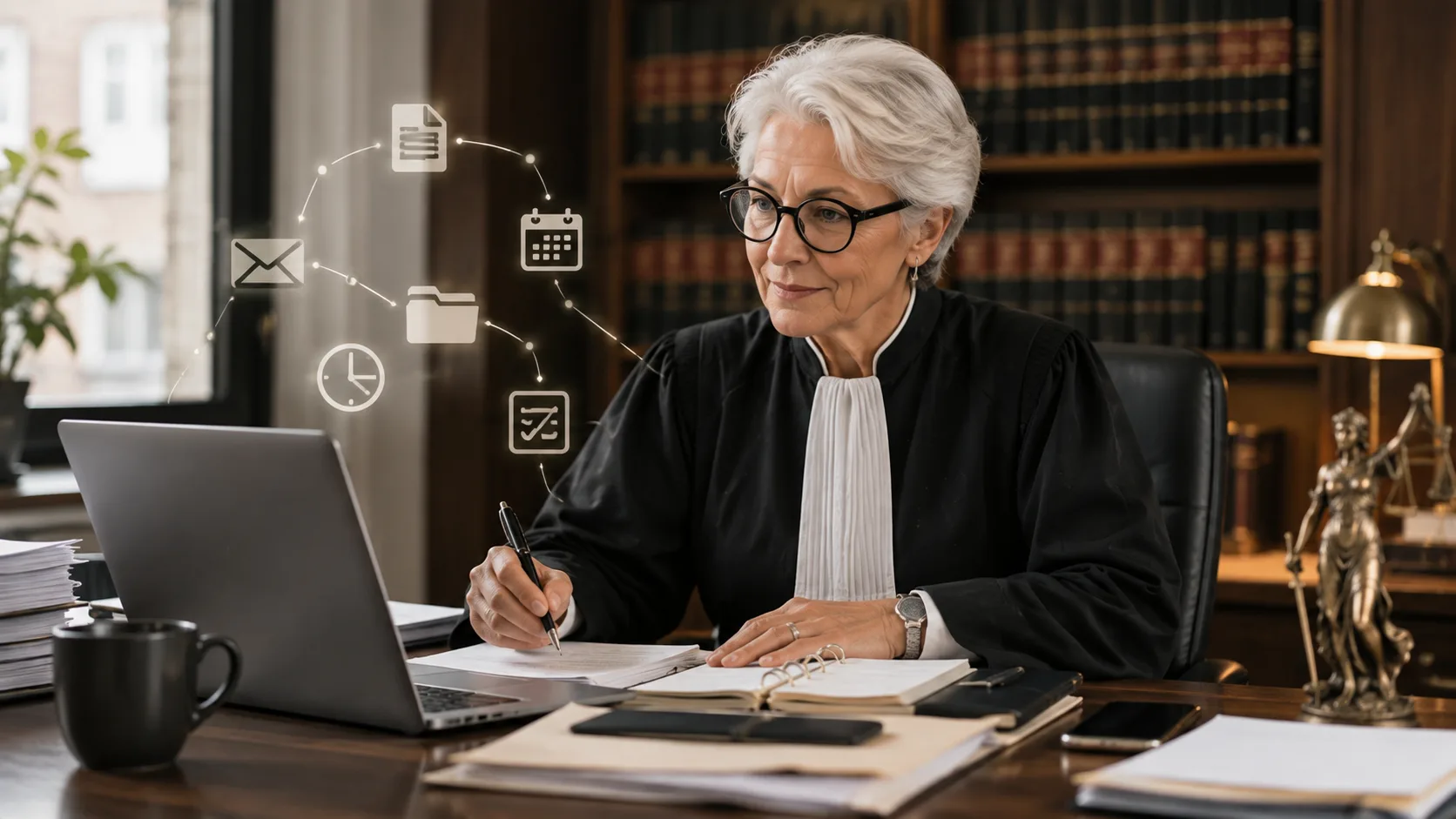 Avocate à son bureau, entourée de dossiers