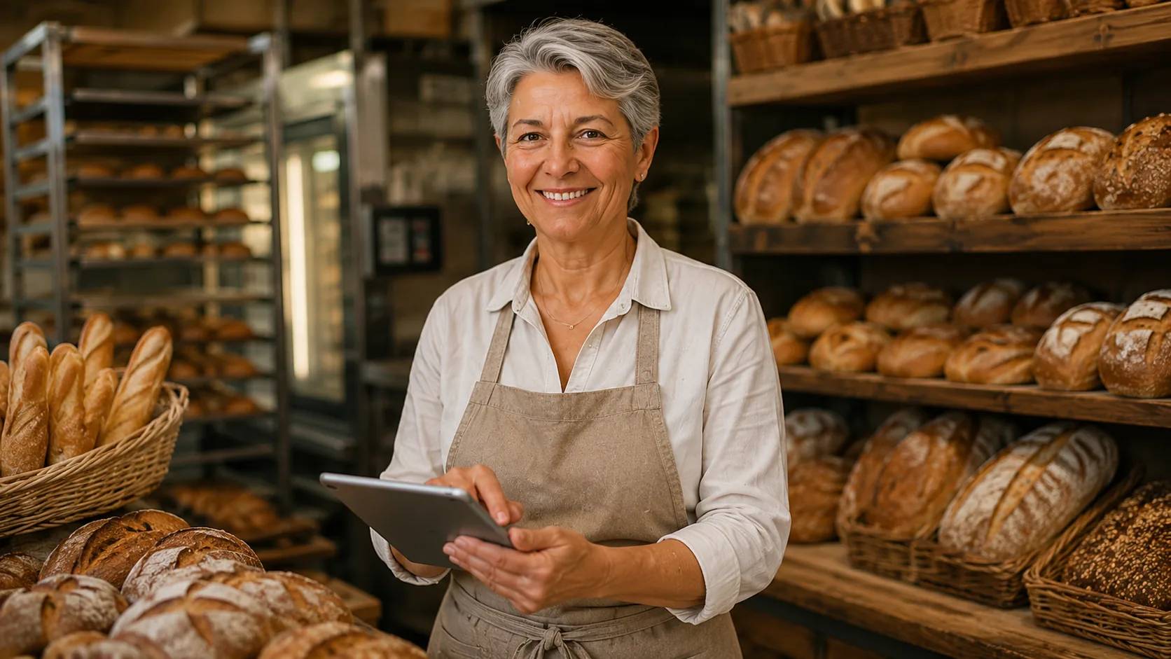 Boulangère utilisant une tablette dans sa boulangerie