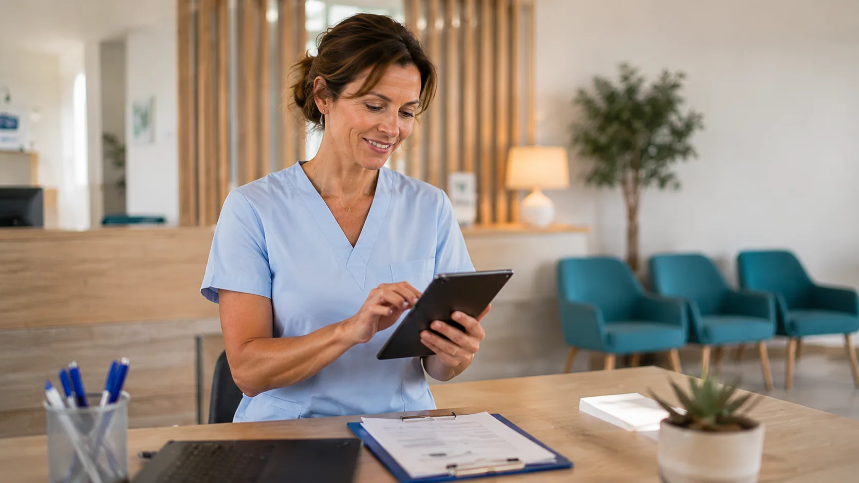 Professionnelle de santé consultant un agenda sur tablette