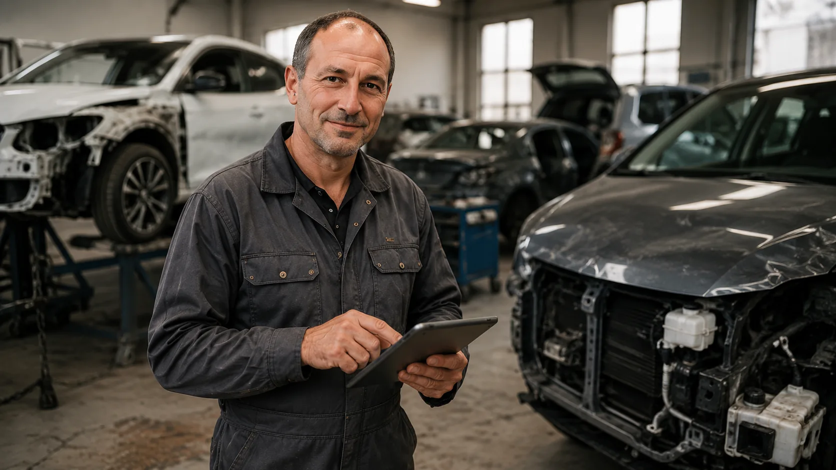 Carrossier consultant une tablette dans son atelier de réparation