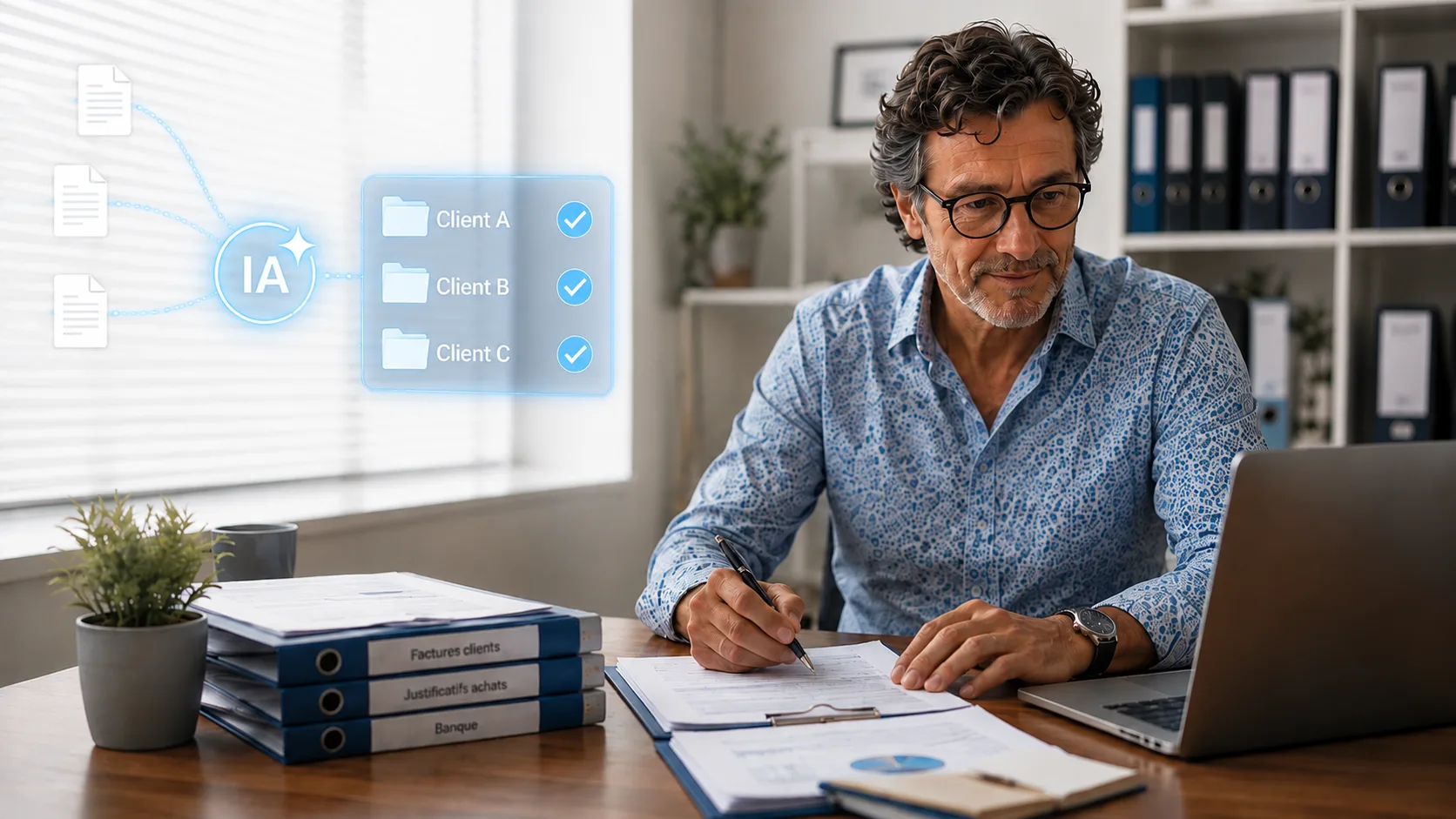 Expert-comptable à son bureau, entouré de documents