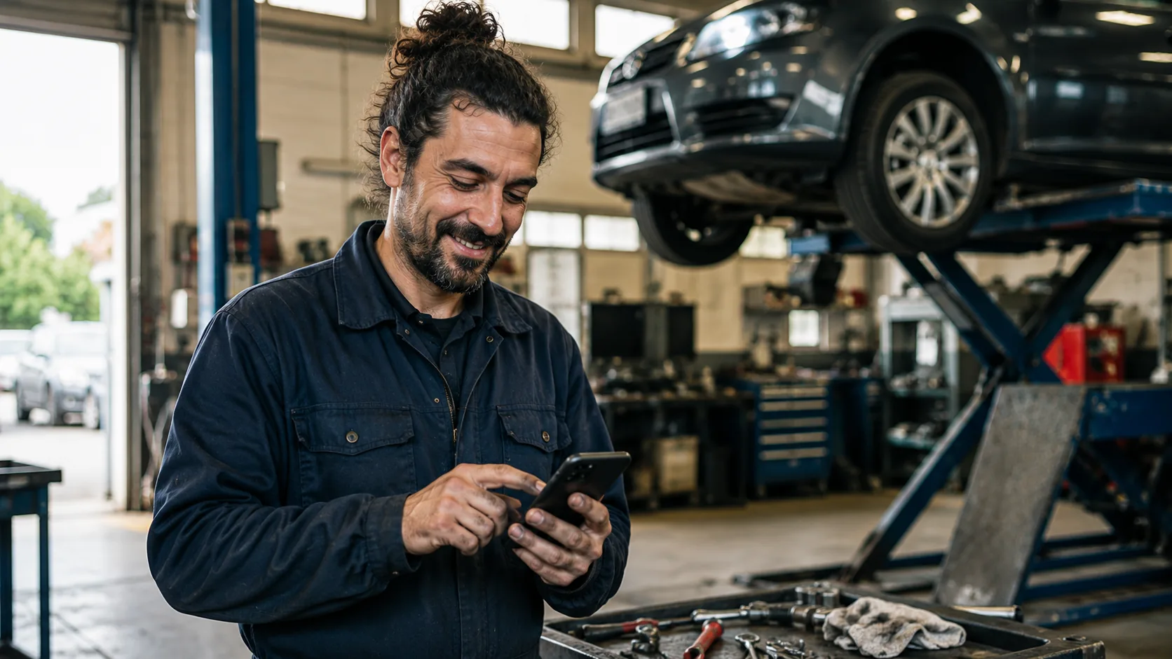 Mécanicien consultant son téléphone dans son garage