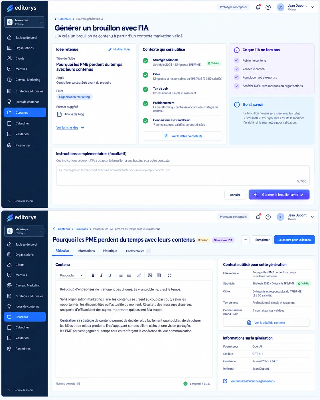 Interface Editorys : génération d'un brouillon avec l'IA et éditeur de contenu