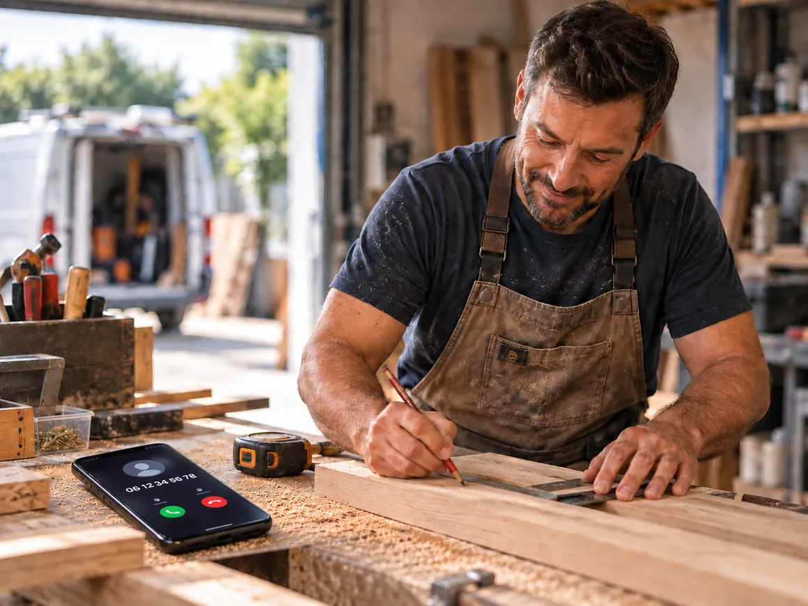 Artisan travaillant dans son atelier pendant qu'un appel arrive sur son téléphone