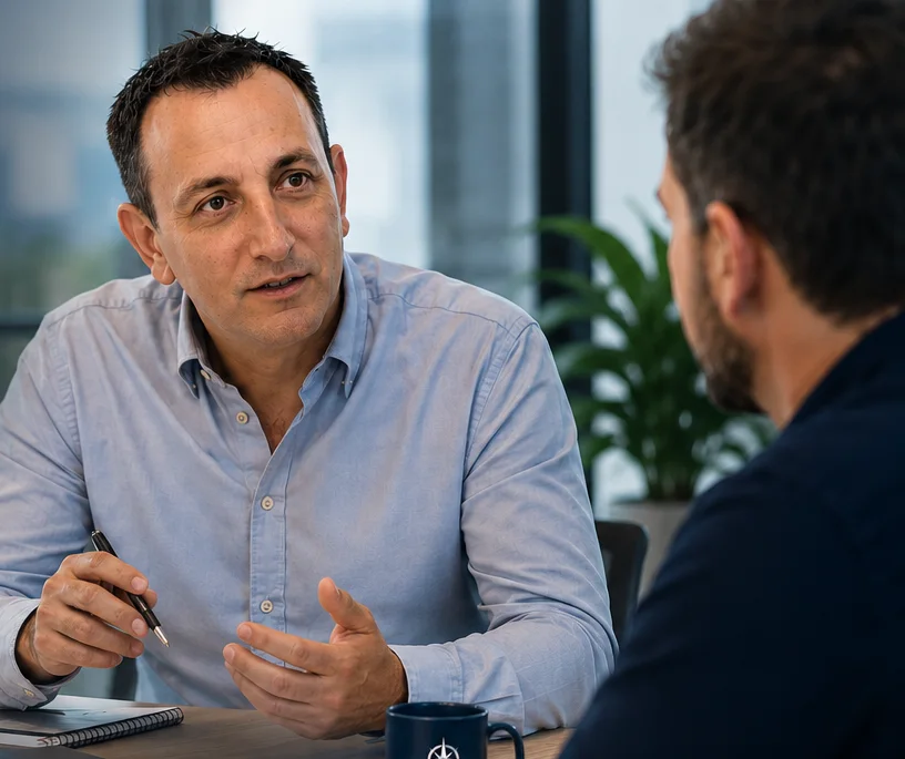 Laurent Zurbach, consultant CAP IA, en échange avec un dirigeant d'entreprise