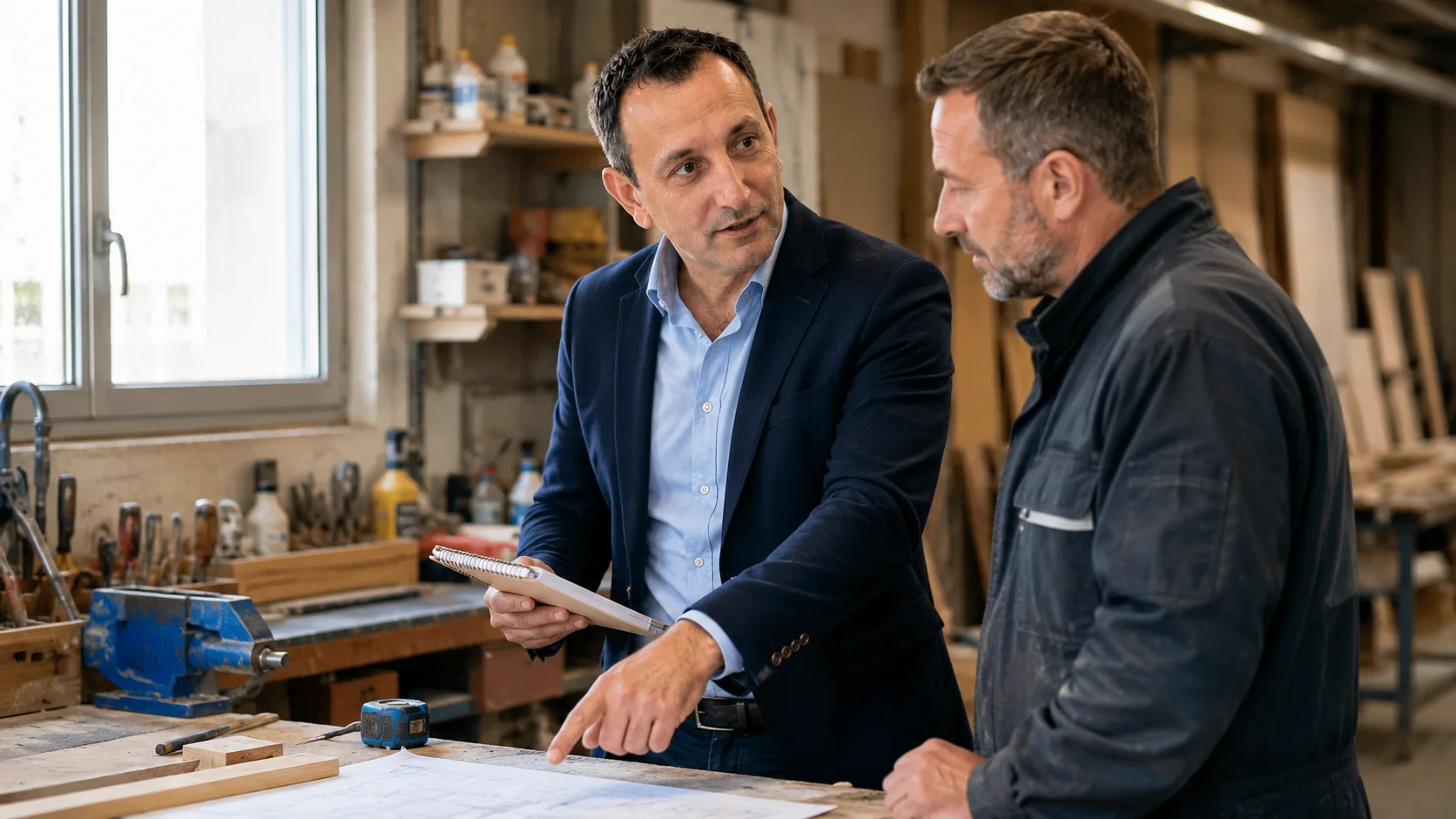 Laurent, consultant CAP IA, avec un artisan dans son atelier : identification des blocages et solutions concrètes adaptées au métier.