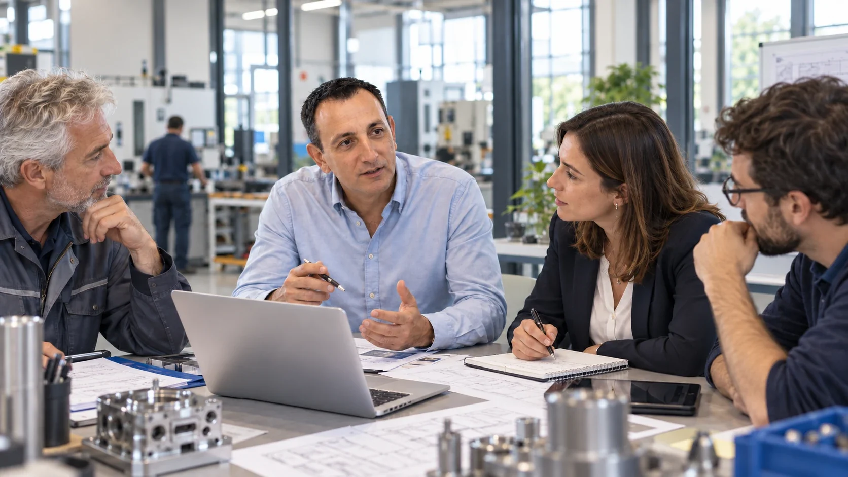 Réunion de travail de quatre personnes autour d’une table, dans un atelier, avec un ordinateur portable et des plans : échange entre direction, métiers et technologie.