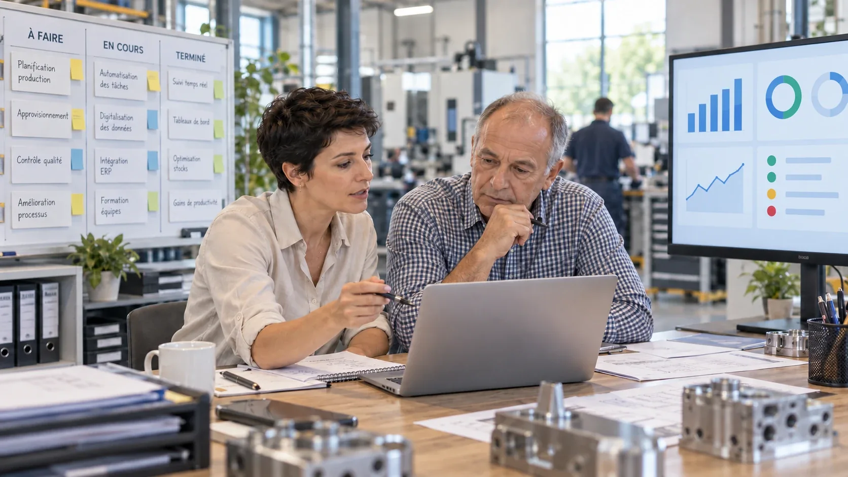 Deux personnes consultent un ordinateur portable dans un atelier, devant un tableau de suivi de projets et un écran de tableaux de bord.