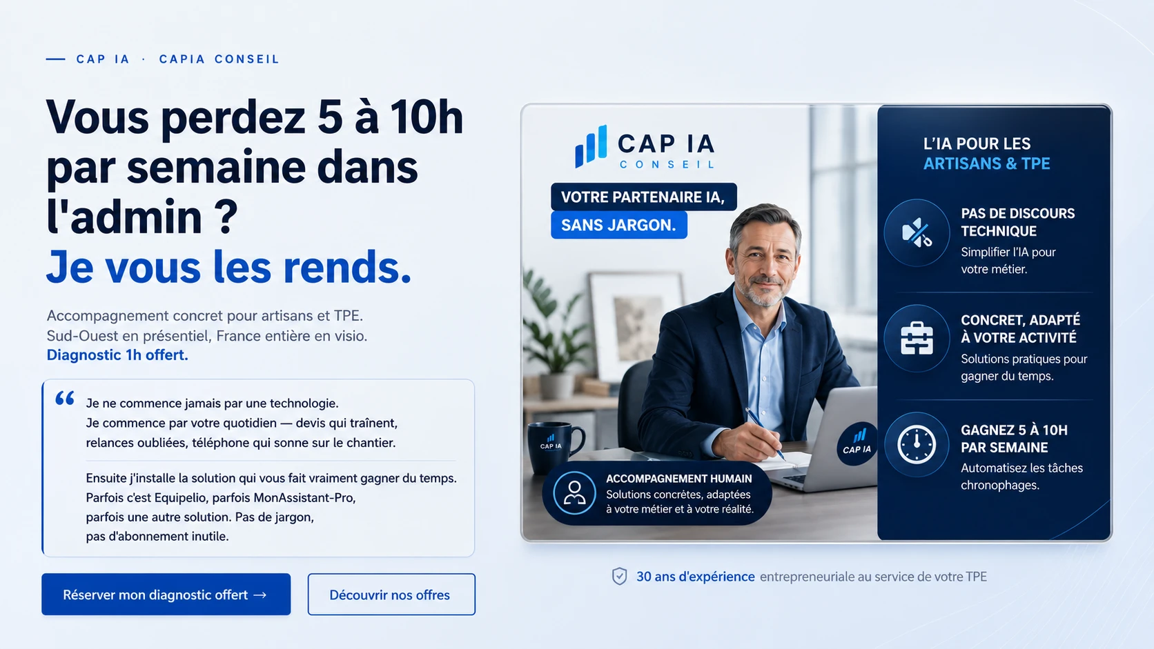 CAP IA — Vous perdez 5 à 10h par semaine dans l'admin ? Je vous les rends.